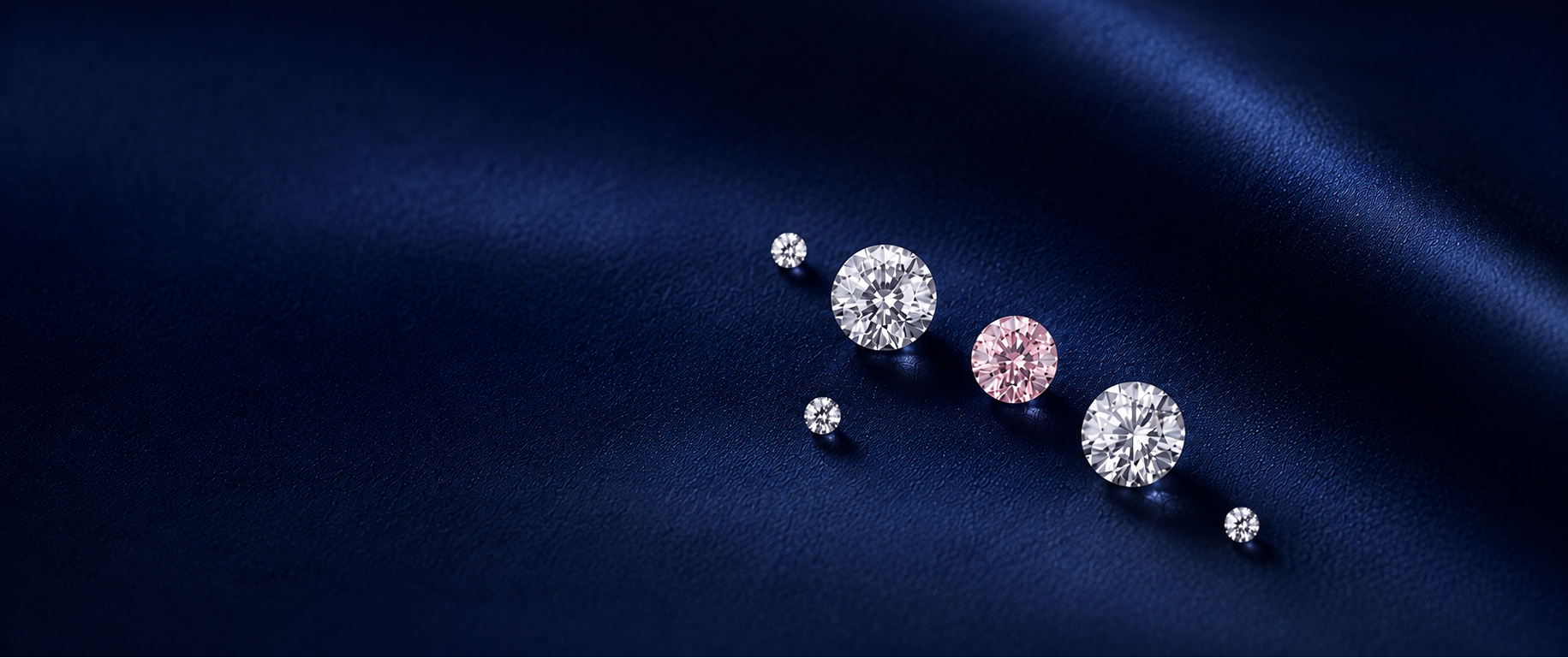 white round brilliant cut diamonds and pink round brilliant cut moissanite on navy silk background. 